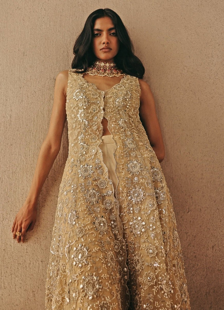 Gold Soft Net Asymmetric Sherwani With Pants Twenty Nine - Fabilicious Fashion