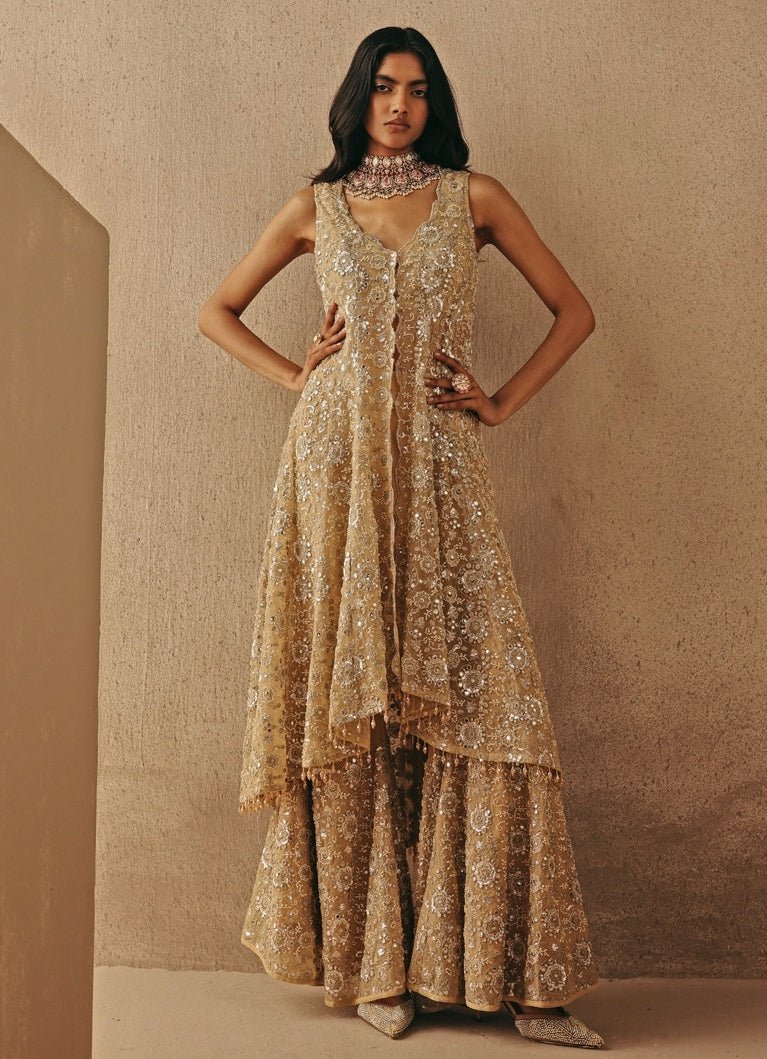 Gold Soft Net Asymmetric Sherwani With Pants Twenty Nine - Fabilicious Fashion