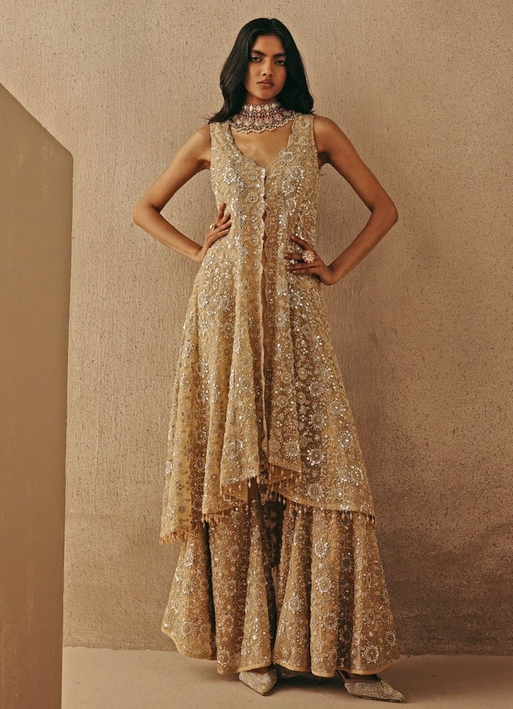 Gold Soft Net Asymmetric Sherwani With Pants Twenty Nine - Fabilicious Fashion