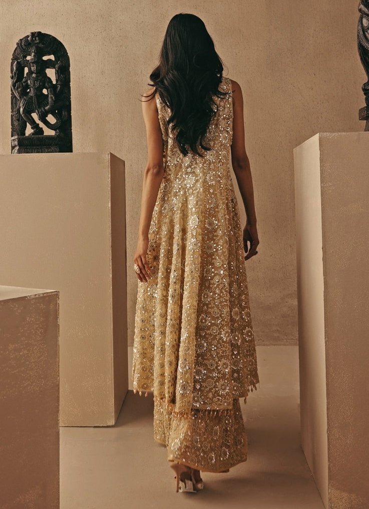 Gold Soft Net Asymmetric Sherwani With Pants Twenty Nine - Fabilicious Fashion