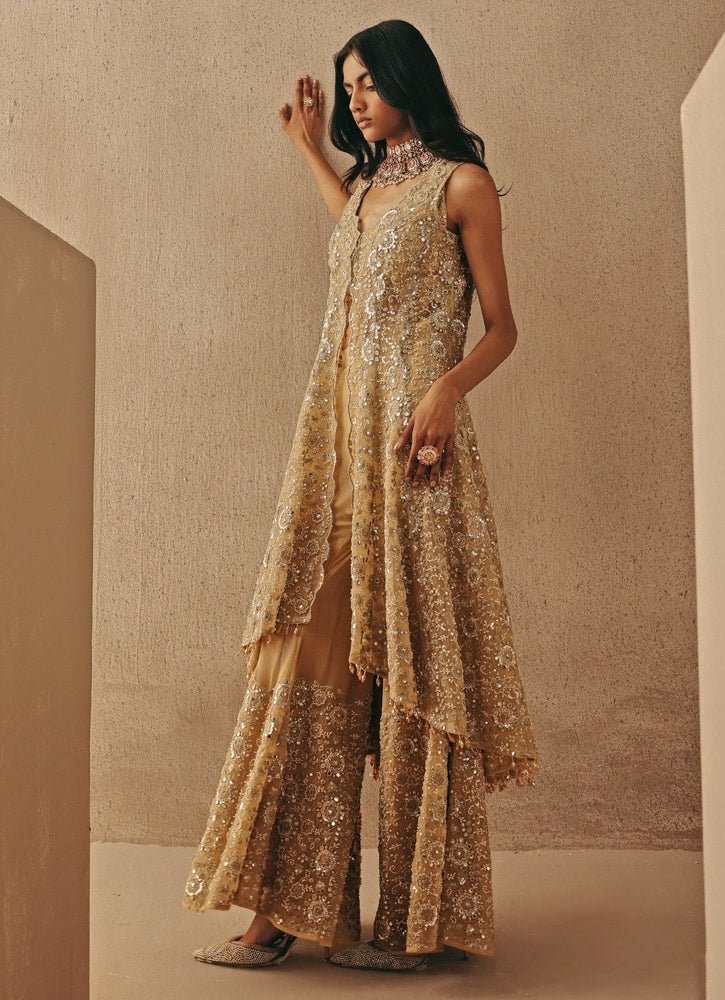 Gold Soft Net Asymmetric Sherwani With Pants Twenty Nine - Fabilicious Fashion