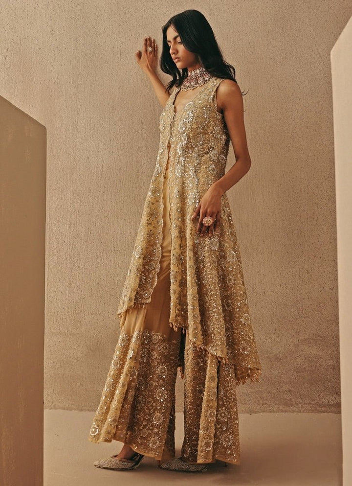 Gold Soft Net Asymmetric Sherwani With Pants Twenty Nine - Fabilicious Fashion