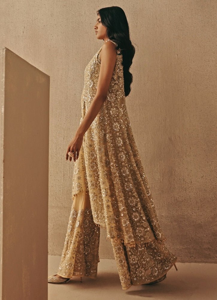 Gold Soft Net Asymmetric Sherwani With Pants Twenty Nine - Fabilicious Fashion