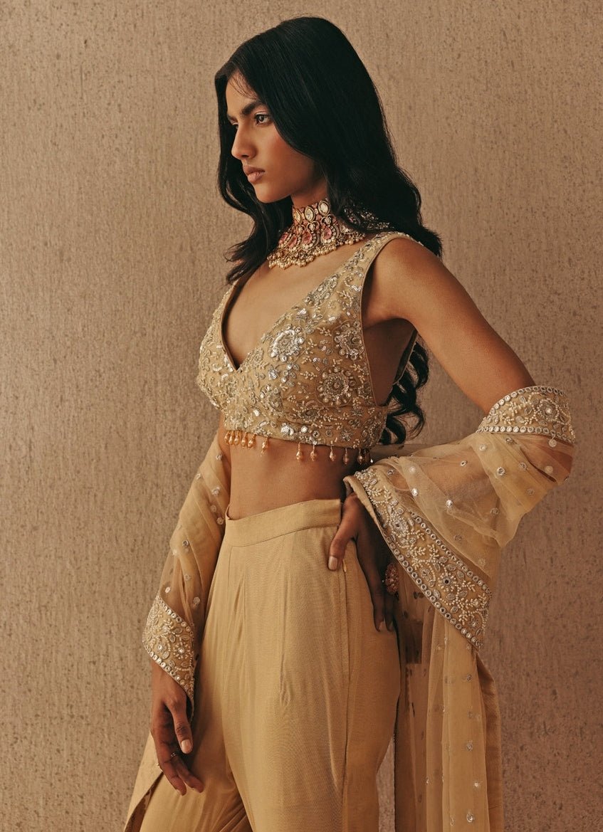 Gold Soft Net Bootcut Pants Set With Bralette Twenty Nine - Fabilicious Fashion