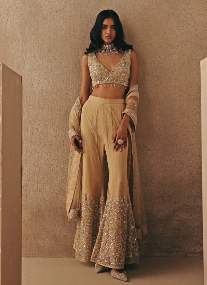 Gold Soft Net Bootcut Pants Set With Bralette Twenty Nine - Fabilicious Fashion