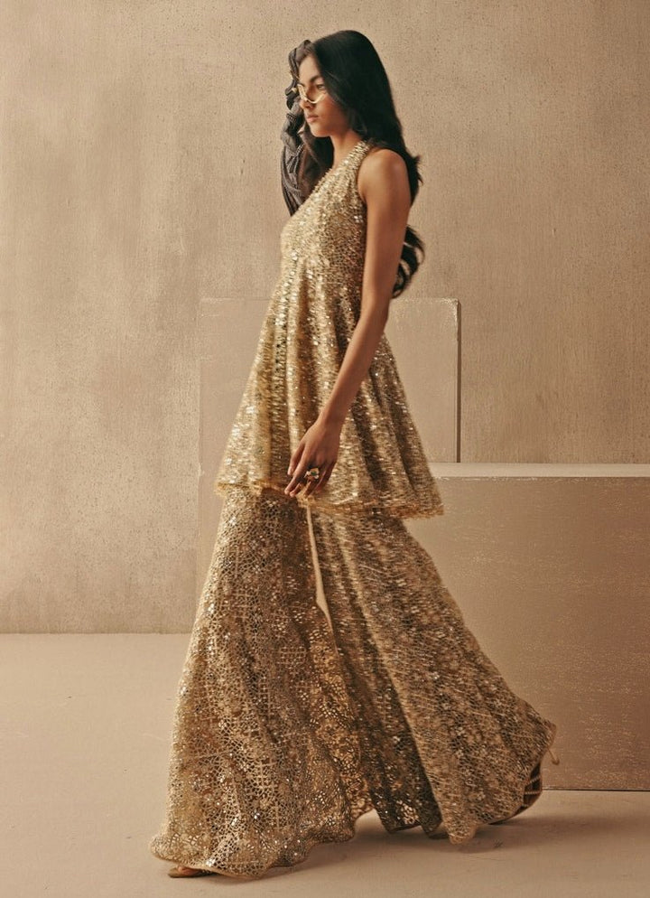 Gold Soft Net Peplum Sharara Set Twenty Nine - Fabilicious Fashion