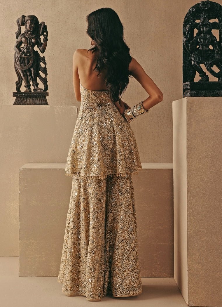 Gold Soft Net Peplum Sharara Set Twenty Nine - Fabilicious Fashion