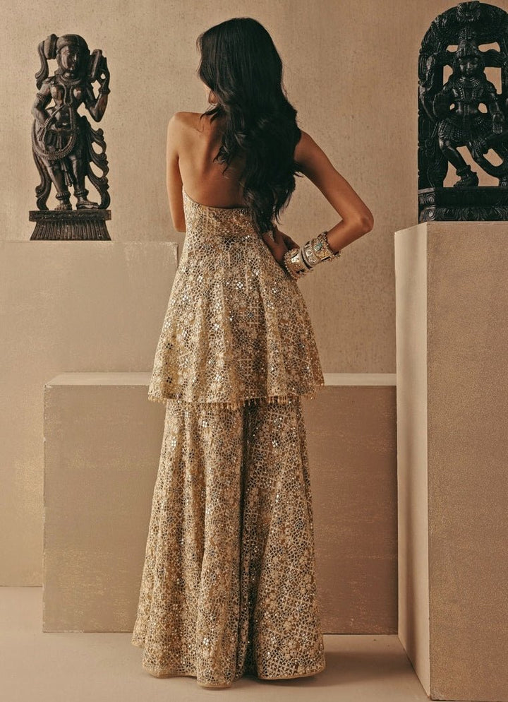 Gold Soft Net Peplum Sharara Set Twenty Nine - Fabilicious Fashion