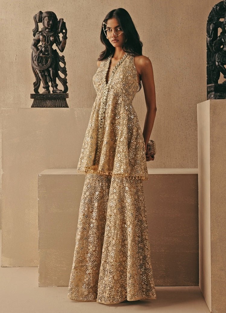 Gold Soft Net Peplum Sharara Set Twenty Nine - Fabilicious Fashion