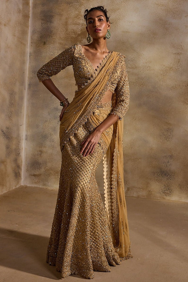 Gold Soft Net Pre-Draped Saree by Nitika Gujral