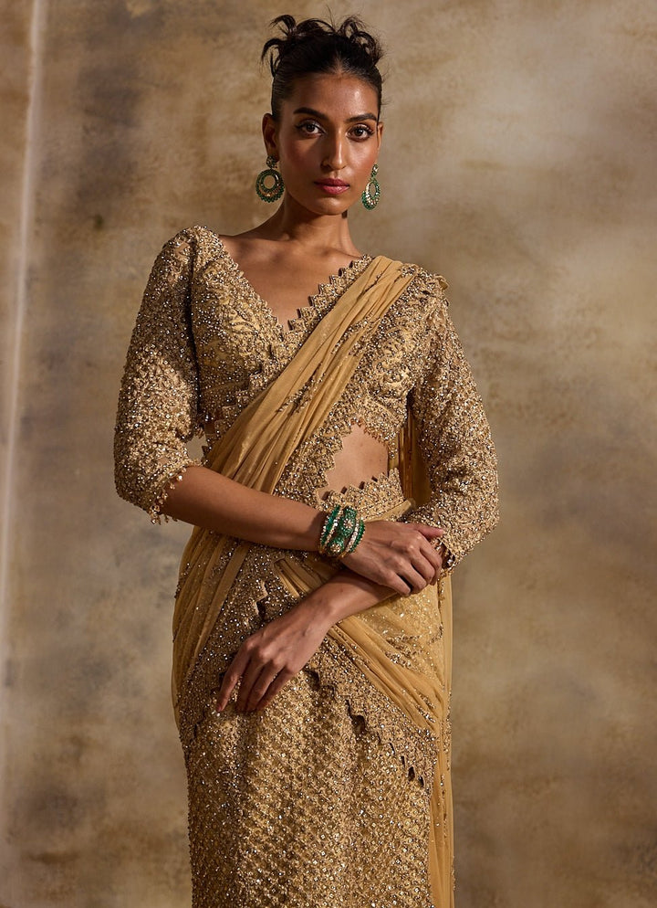 Gold Soft Net Pre - Draped Saree Nitika Gujral - Fabilicious Fashion