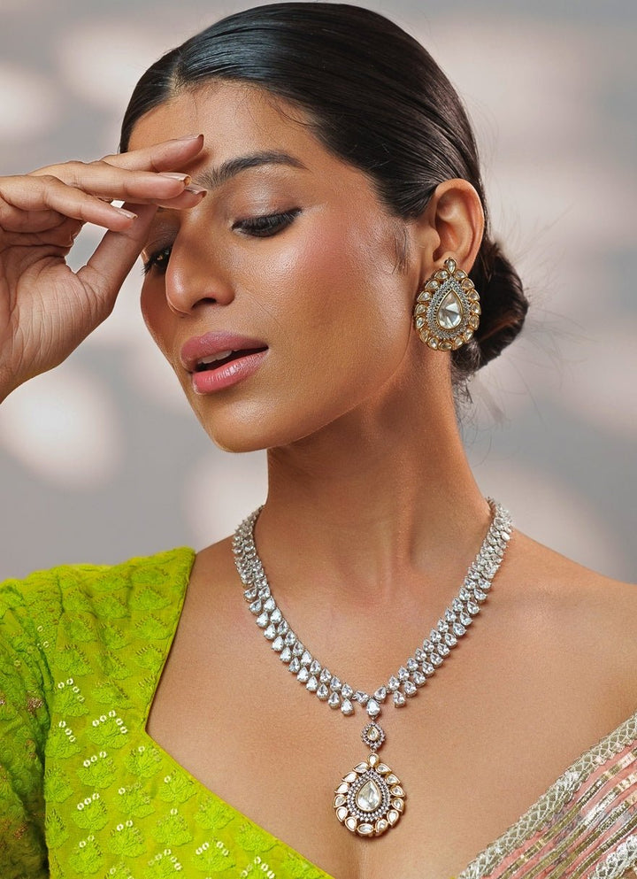 Gold Stone And Faux Diamonds Polki Necklace Set Zevar by Geeta - Fabilicious Fashion