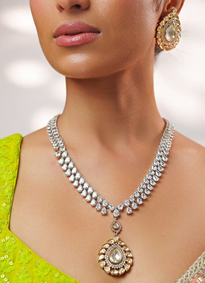 Gold Stone And Faux Diamonds Polki Necklace Set Zevar by Geeta - Fabilicious Fashion