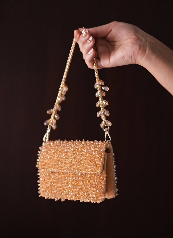 Gold Suede Crystal Embellished Mini Bag House of Kosha - Fabilicious Fashion