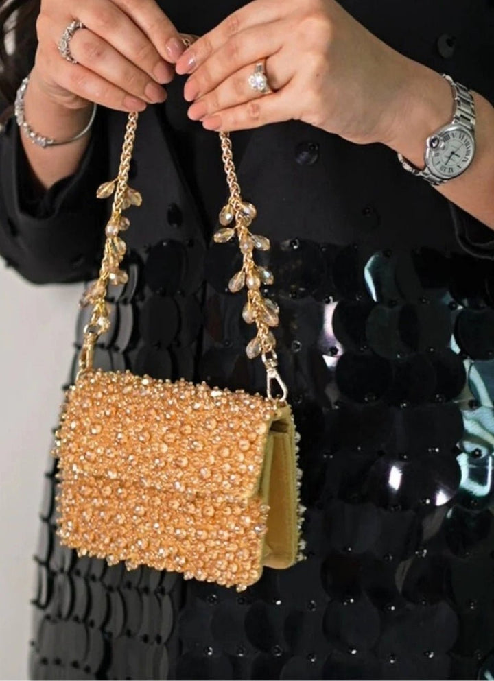 Gold Suede Crystal Embellished Mini Bag House of Kosha - Fabilicious Fashion