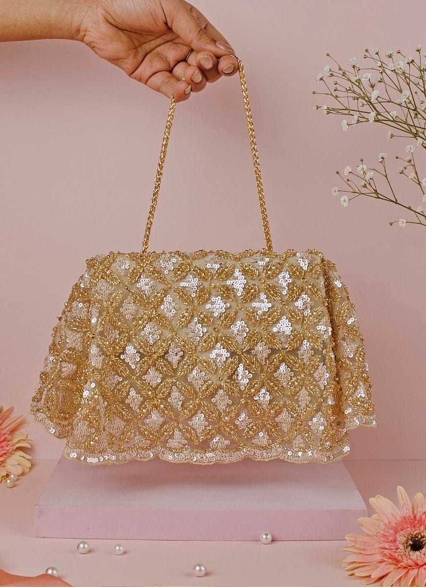 Gold Suede Embellished Clutch House of Kosha - Fabilicious Fashion