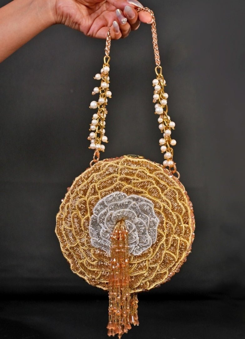 Gold Suede Embellished Clutch House of Kosha - Fabilicious Fashion