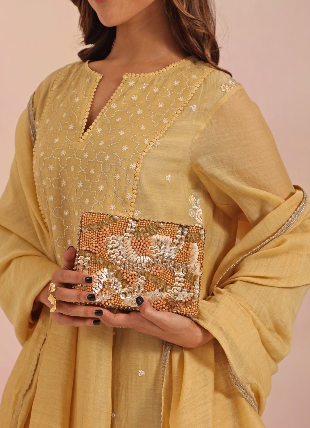 Gold Suede Embellished Clutch House of Kosha - Fabilicious Fashion
