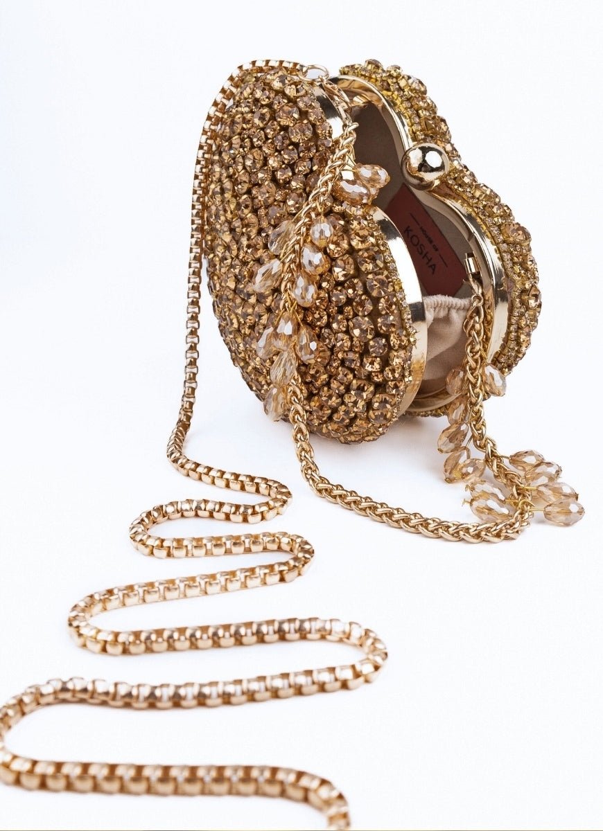 House of Kosha Gold Suede Embellished Heart BagFabilicious Fashion