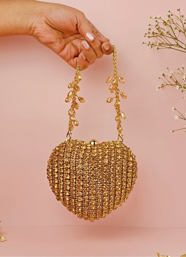 Gold Suede Embellished Heart Bag