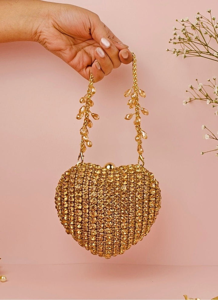 House of Kosha Gold Suede Embellished Heart BagFabilicious Fashion