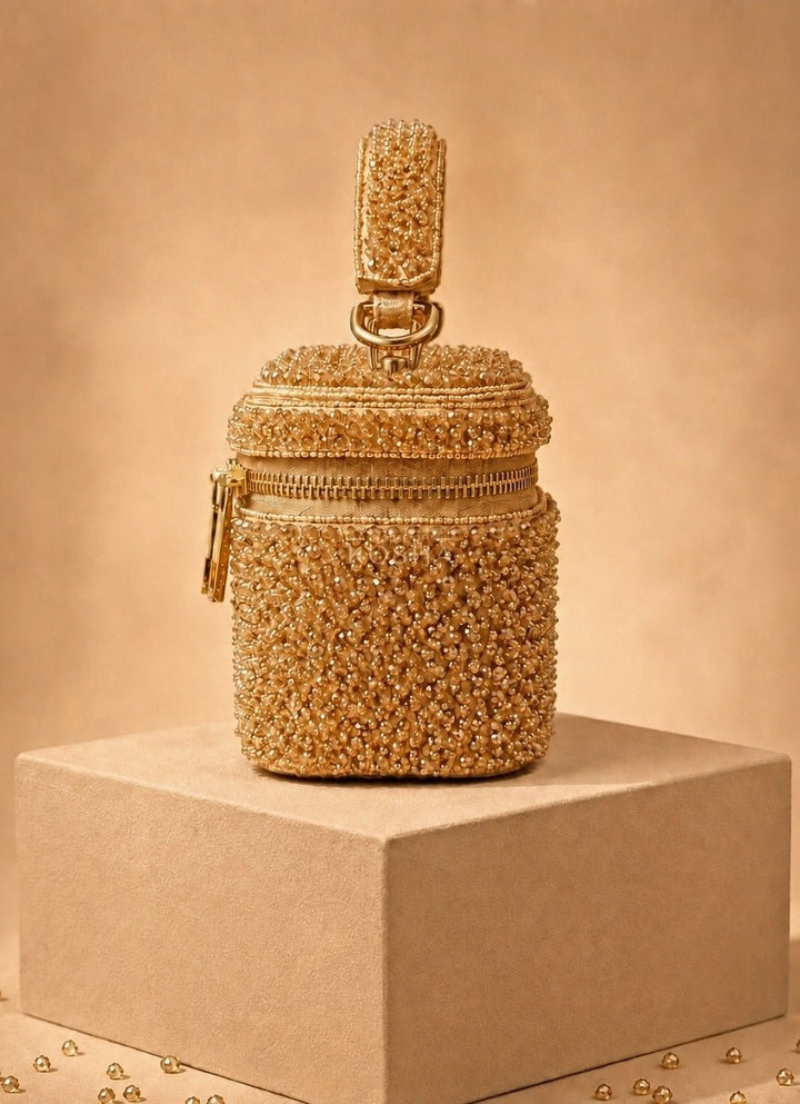 House of Kosha Gold Suede Embroidered Vanity BagFabilicious Fashion