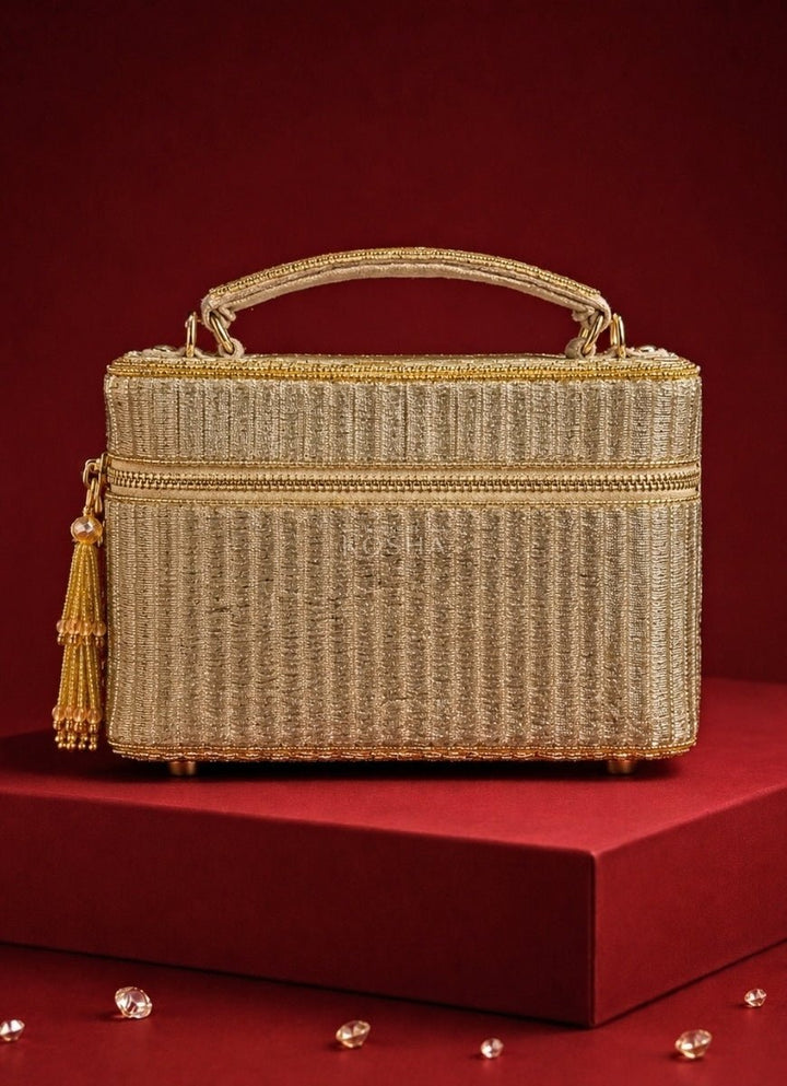 House of Kosha Gold Suede Embroidered Vanity BagFabilicious Fashion