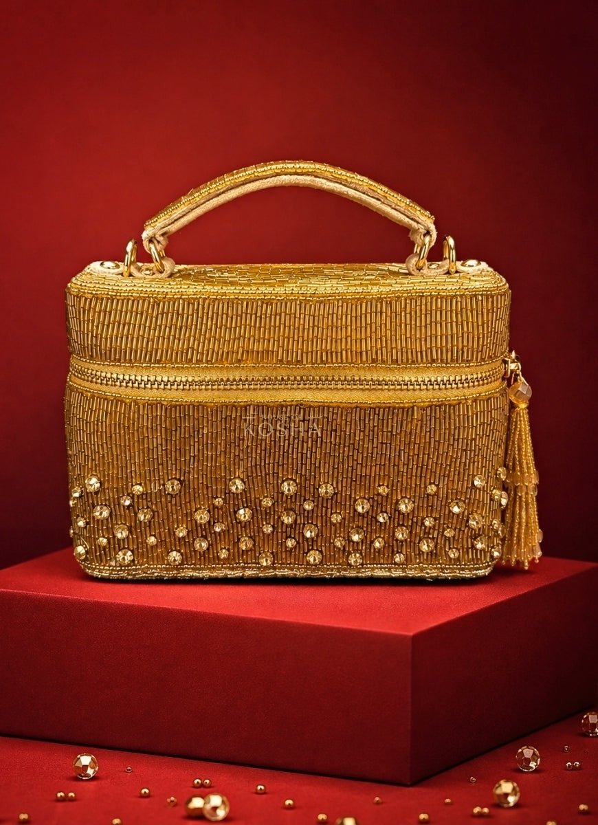 House of Kosha Gold Suede Embroidered Vanity BagFabilicious Fashion