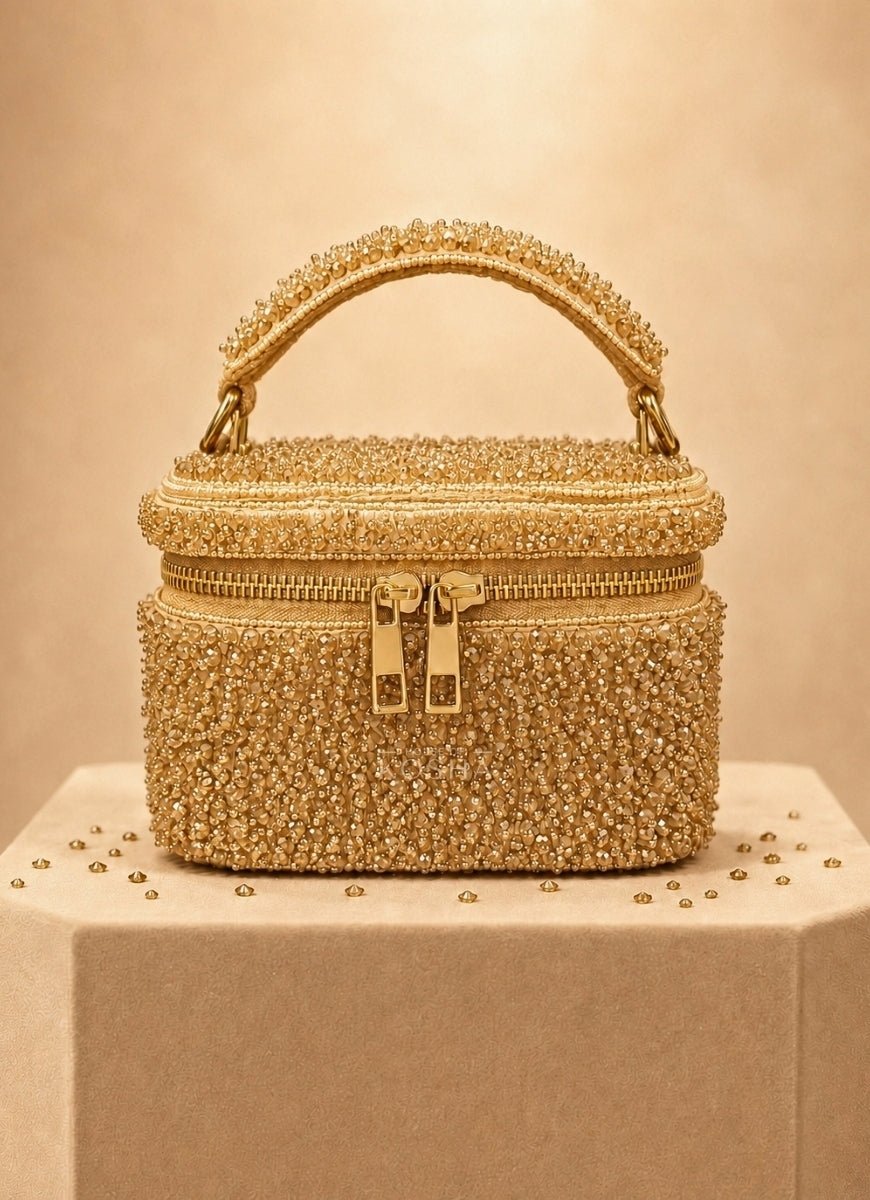 House of Kosha Gold Suede Embroidered Vanity BagFabilicious Fashion