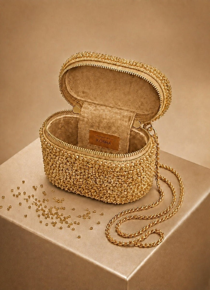 House of Kosha Gold Suede Embroidered Vanity BagFabilicious Fashion