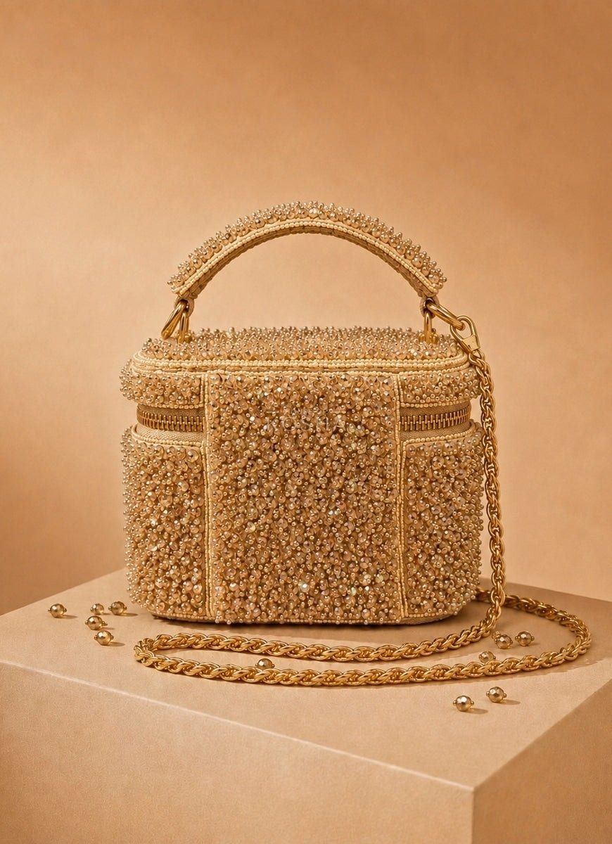 House of Kosha Gold Suede Embroidered Vanity BagFabilicious Fashion