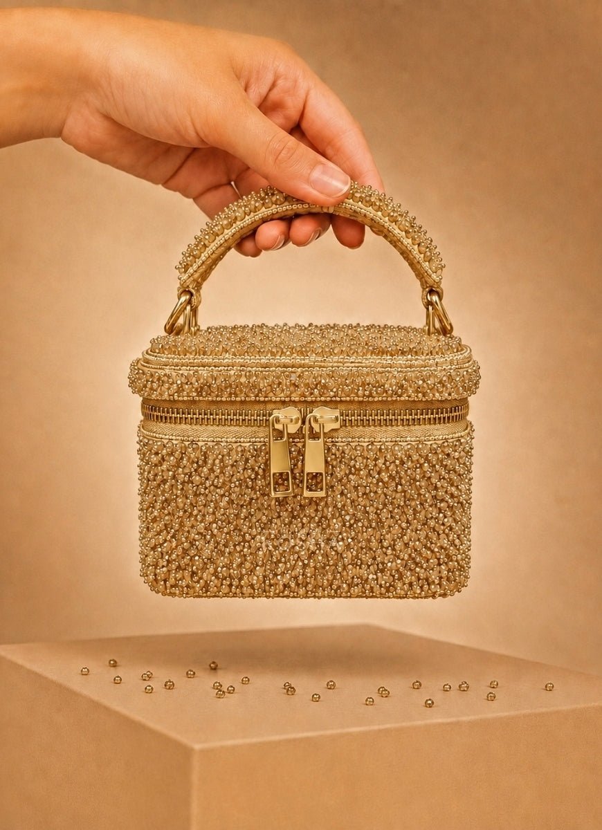 House of Kosha Gold Suede Embroidered Vanity BagFabilicious Fashion