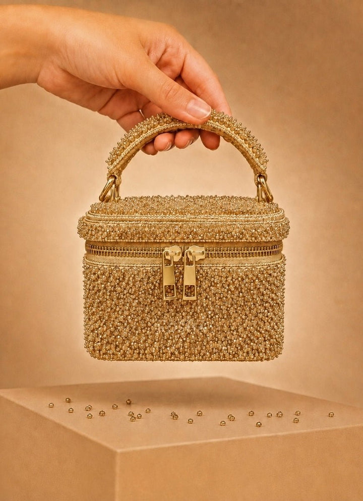 House of Kosha Gold Suede Embroidered Vanity BagFabilicious Fashion