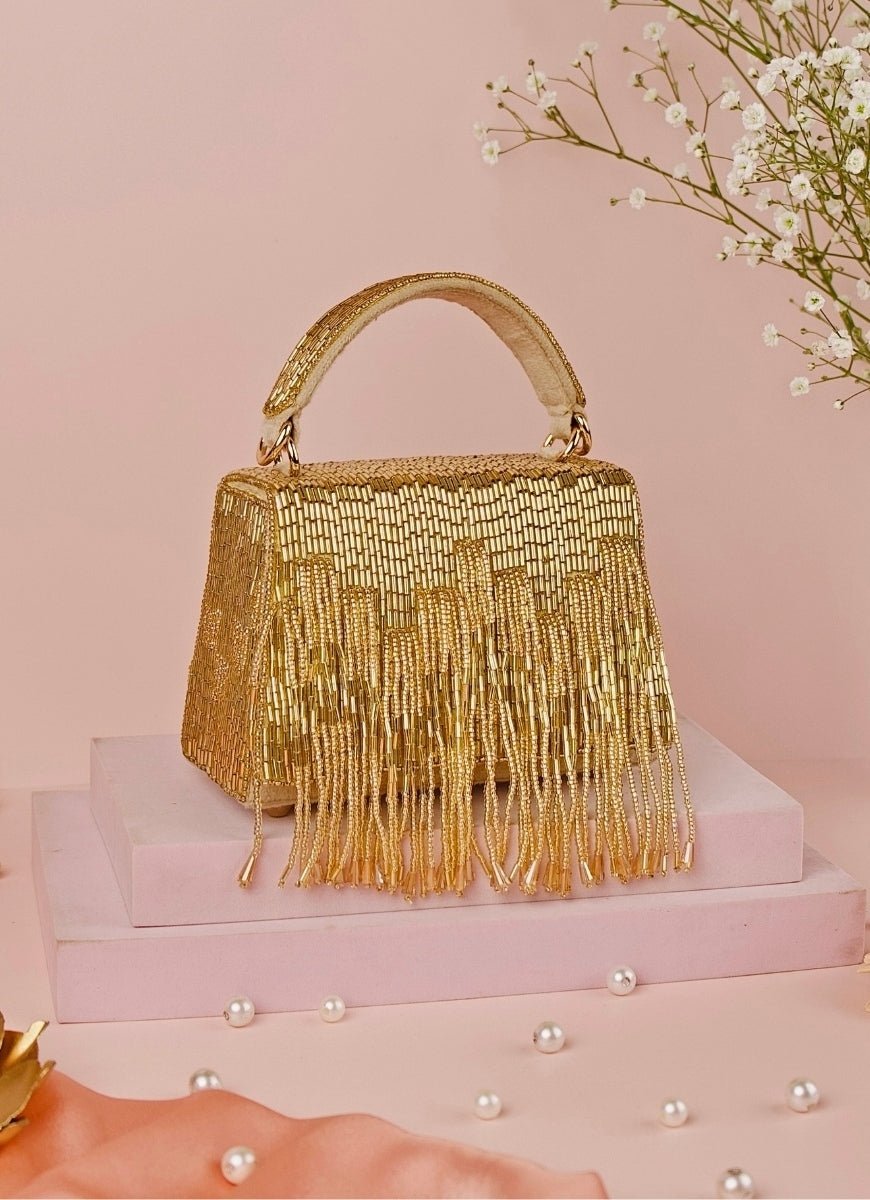 Gold Suede Handcrafted Box Bag House of Kosha - Fabilicious Fashion
