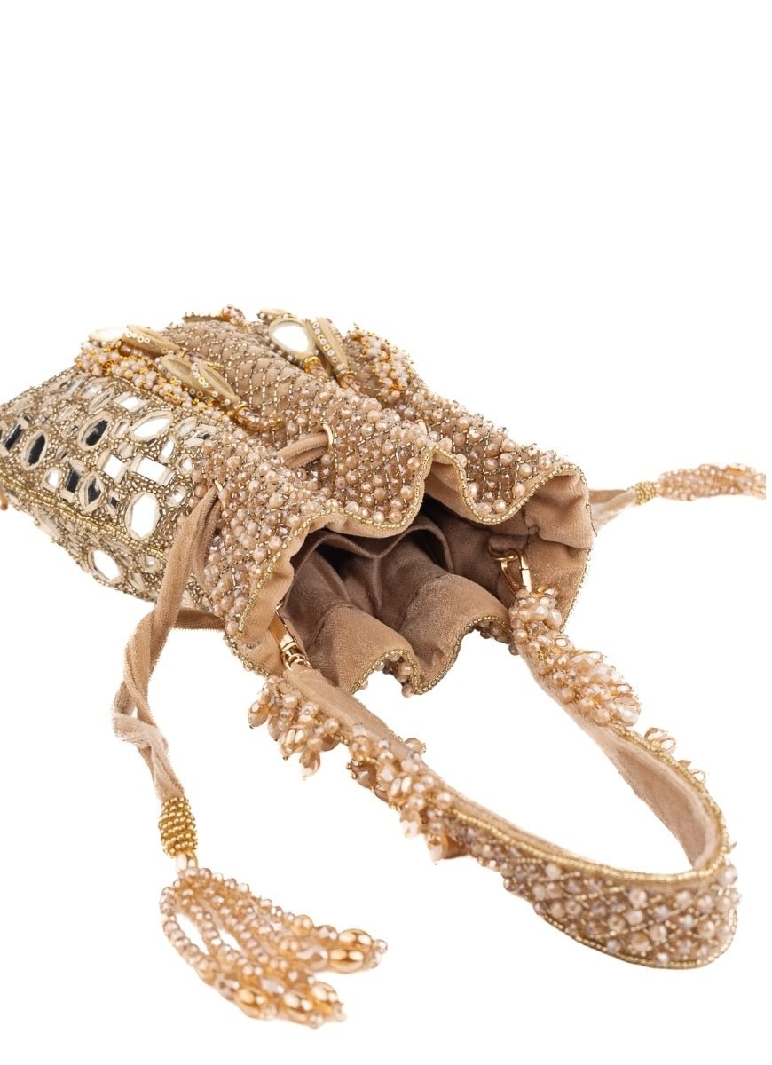 Gold Suede Mirror Embellished Potli House of Kosha - Fabilicious Fashion