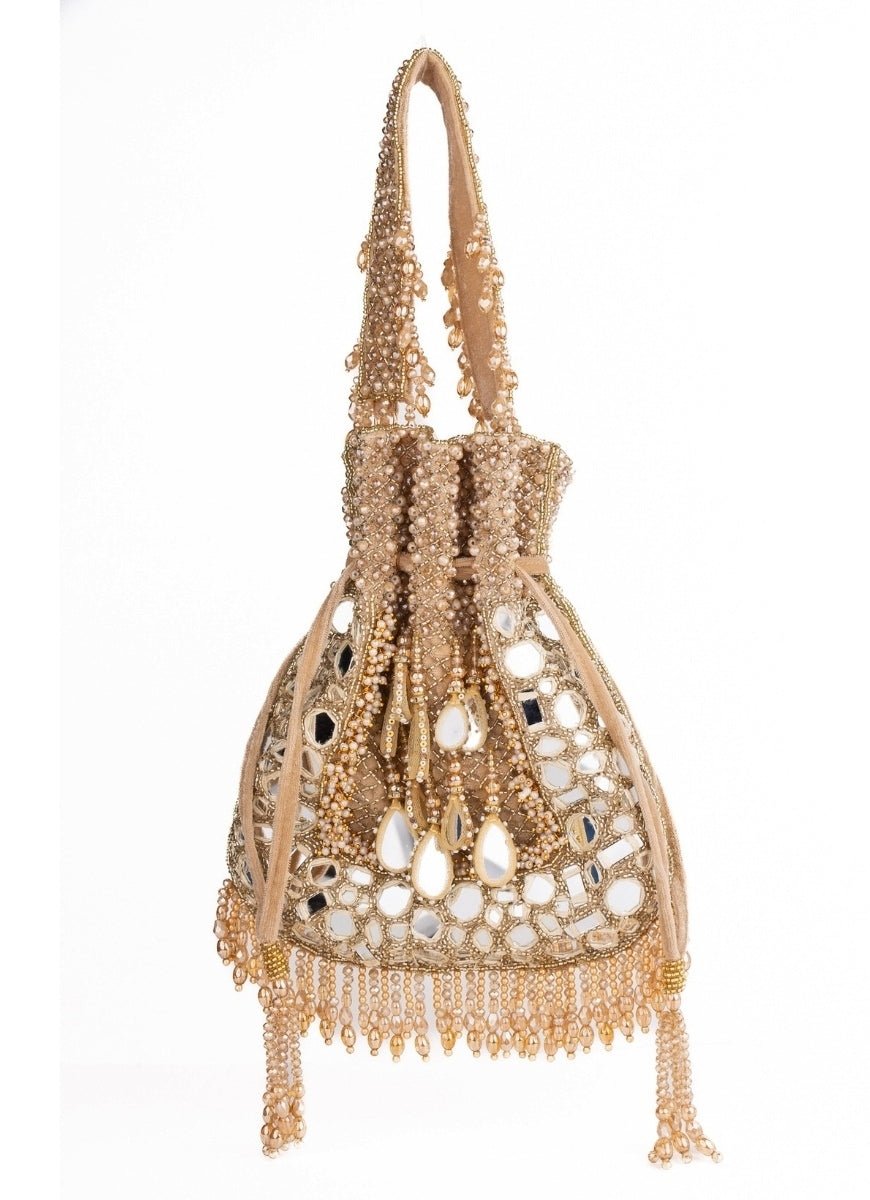 Gold Suede Mirror Embellished Potli House of Kosha - Fabilicious Fashion