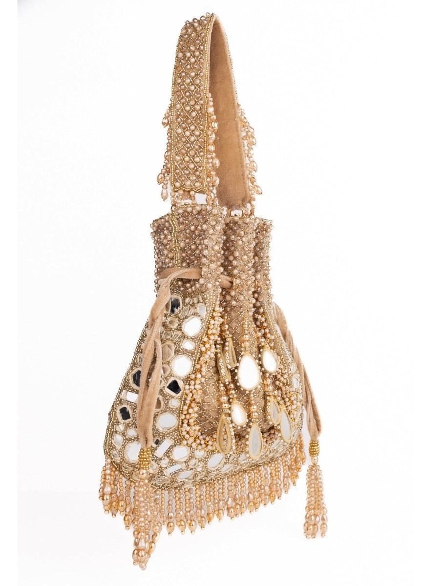 Gold Suede Mirror Embellished Potli House of Kosha - Fabilicious Fashion
