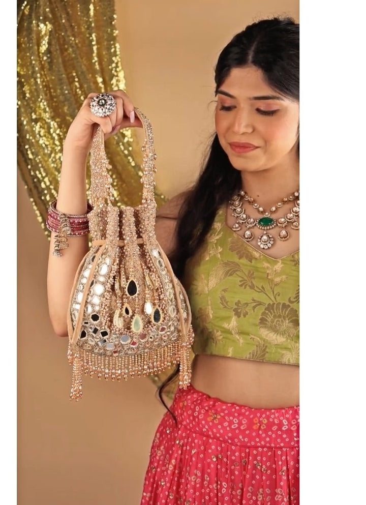 Gold Suede Mirror Embellished Potli House of Kosha - Fabilicious Fashion