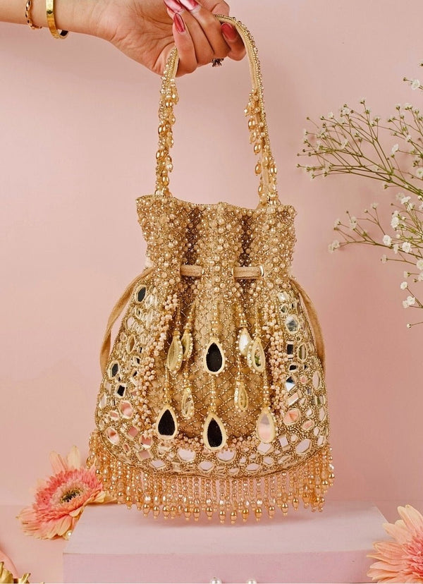 Gold Suede Mirror Embellished Potli