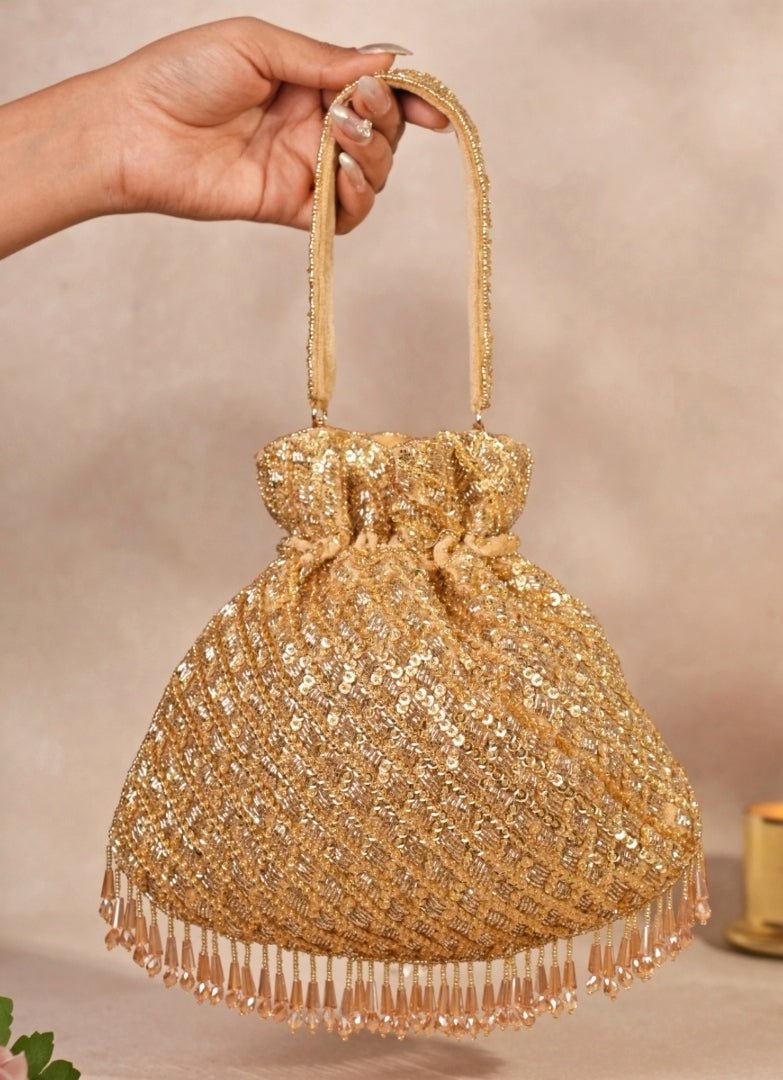 Gold Suede Sequin Embellished Potli House of Kosha - Fabilicious Fashion