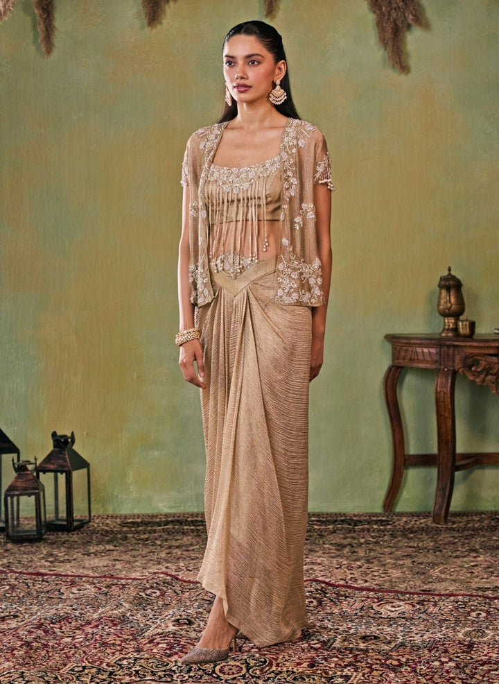 Seema Thukral Gold Tissue Drape Skirt Set With JacketFabilicious Fashion