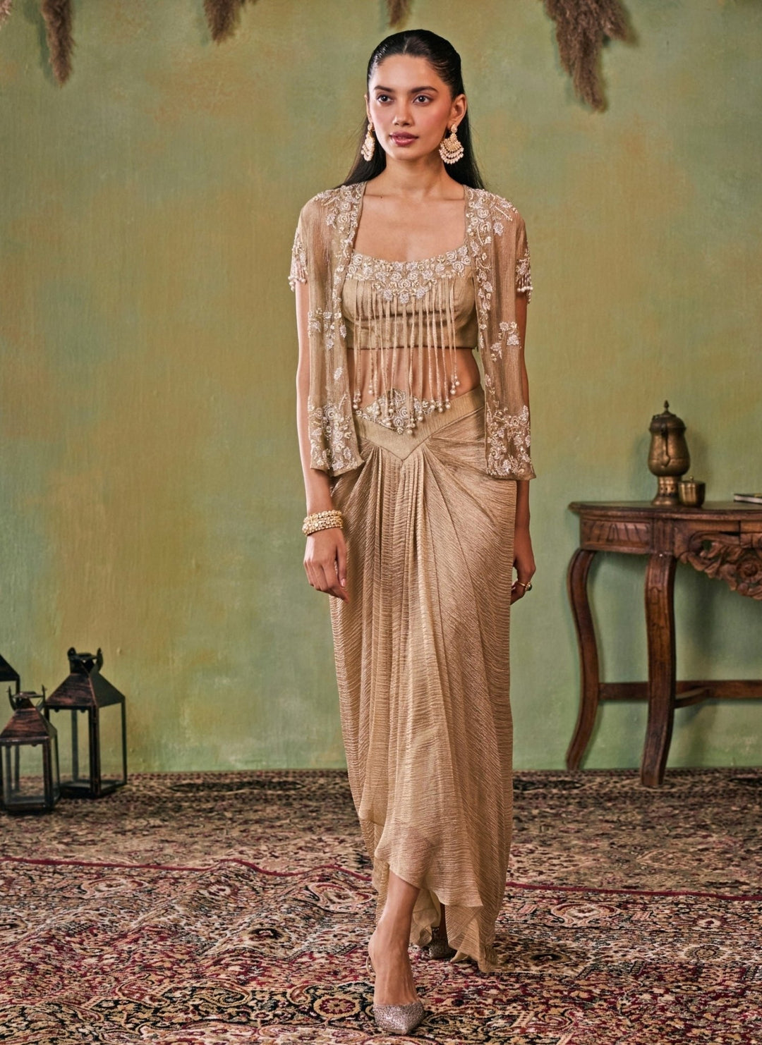 Seema Thukral Gold Tissue Drape Skirt Set With JacketFabilicious Fashion