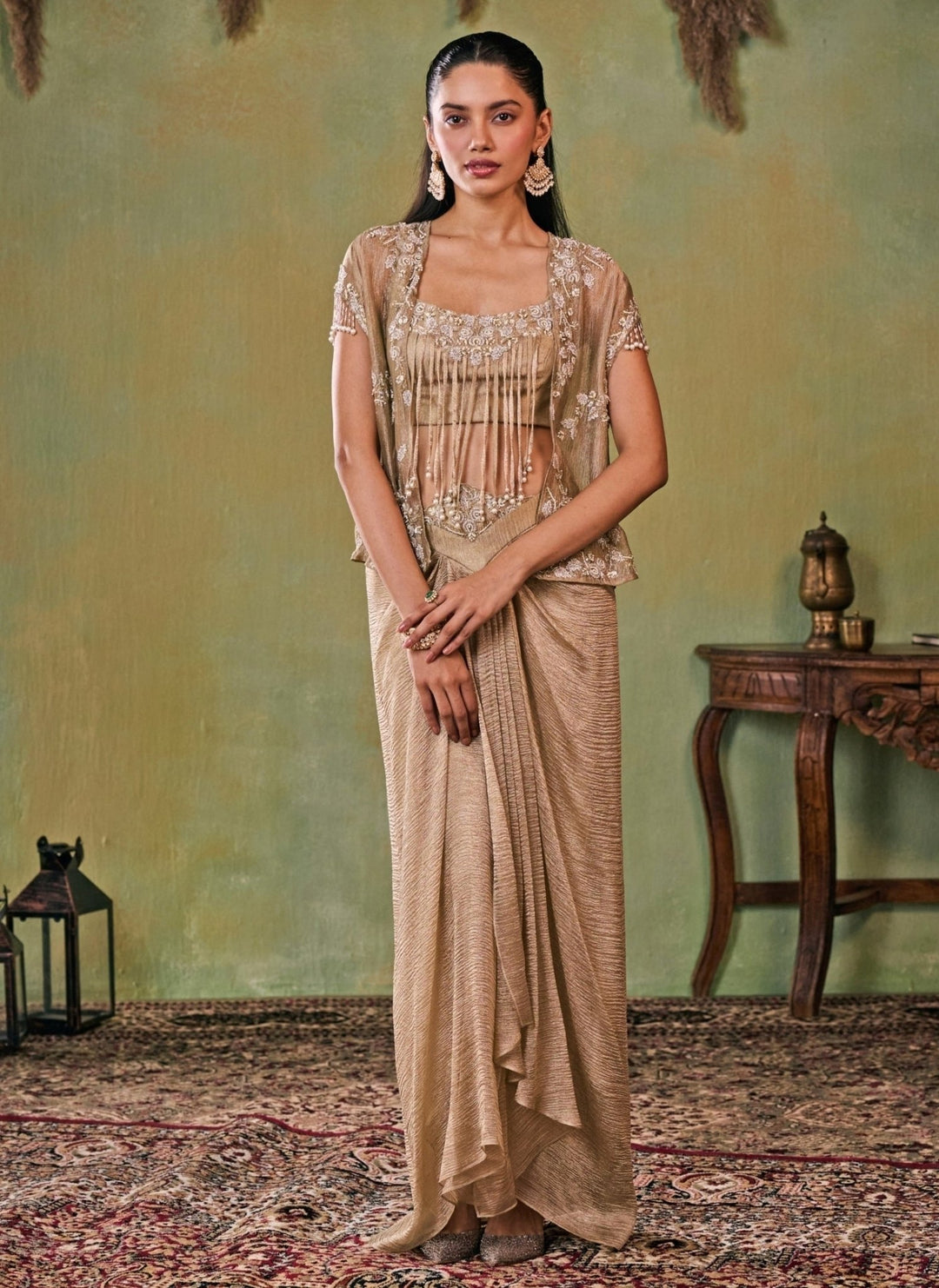 Seema Thukral Gold Tissue Drape Skirt Set With JacketFabilicious Fashion