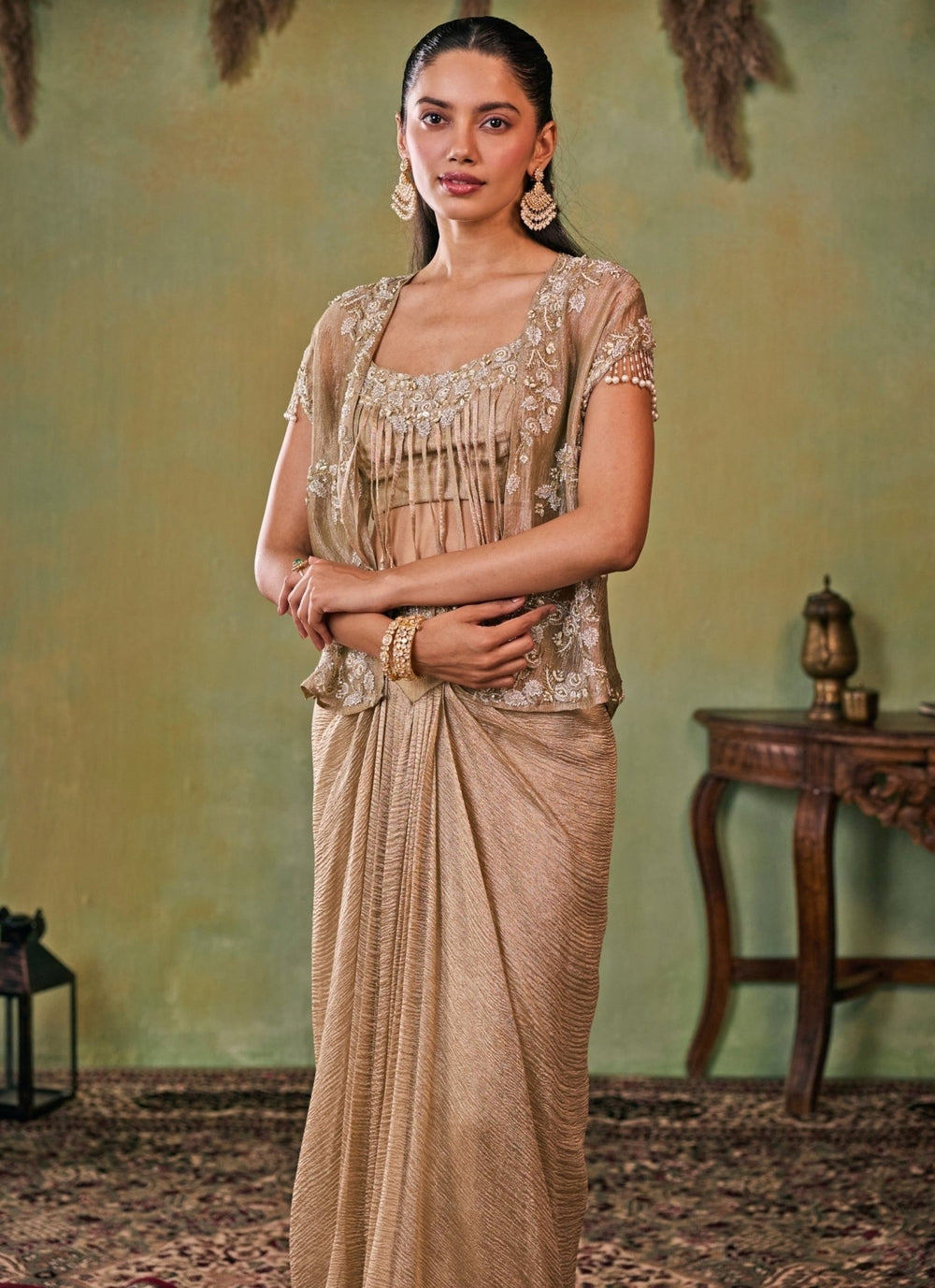 Seema Thukral Gold Tissue Drape Skirt Set With JacketFabilicious Fashion