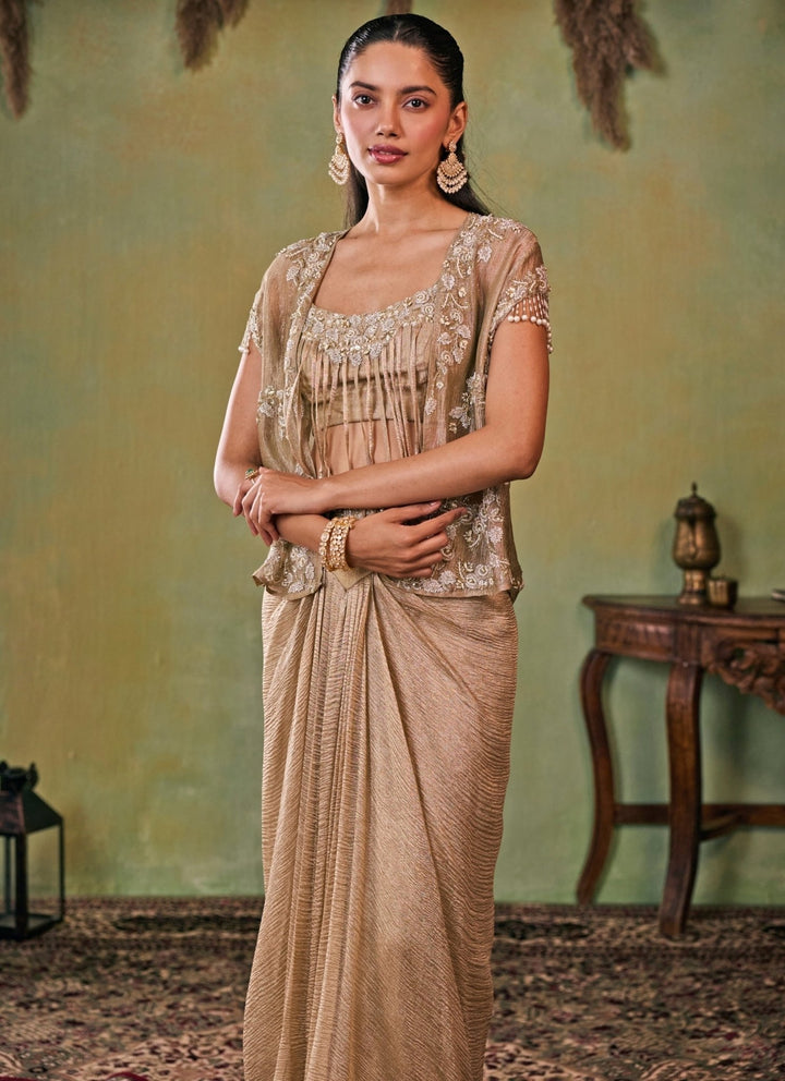 Seema Thukral Gold Tissue Drape Skirt Set With JacketFabilicious Fashion