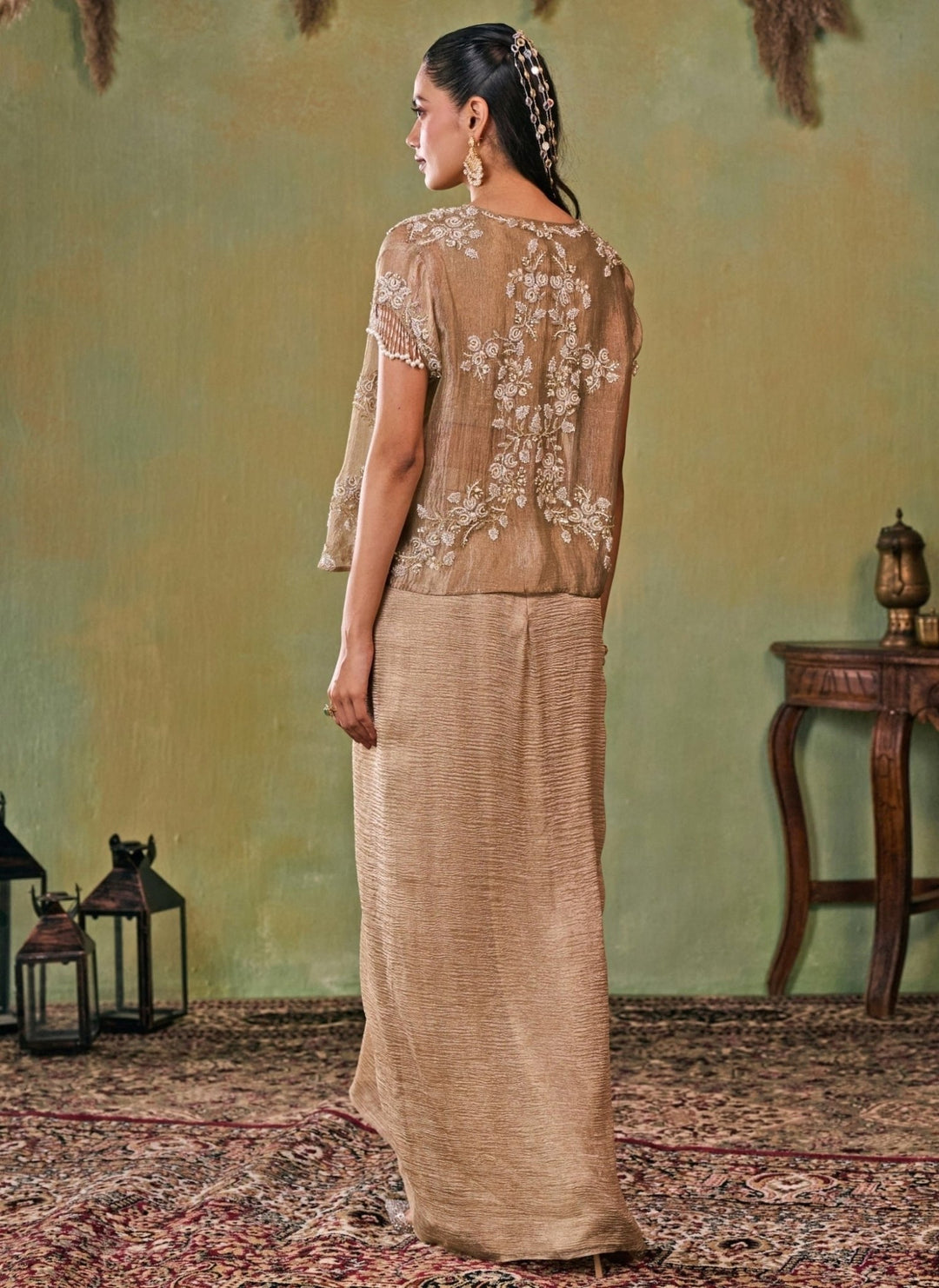 Seema Thukral Gold Tissue Drape Skirt Set With JacketFabilicious Fashion