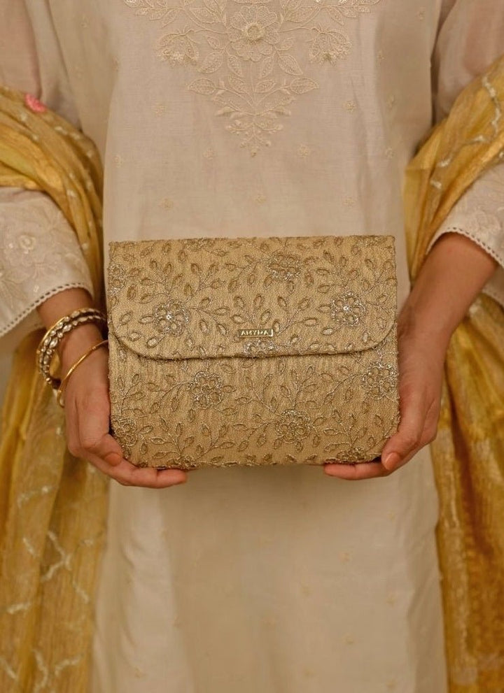 Amyra Gold Tissue Embroidered ClutchFabilicious Fashion