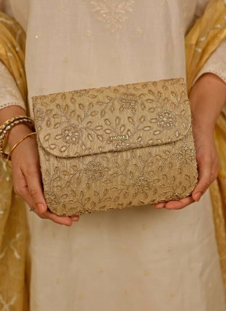 Amyra Gold Tissue Embroidered ClutchFabilicious Fashion