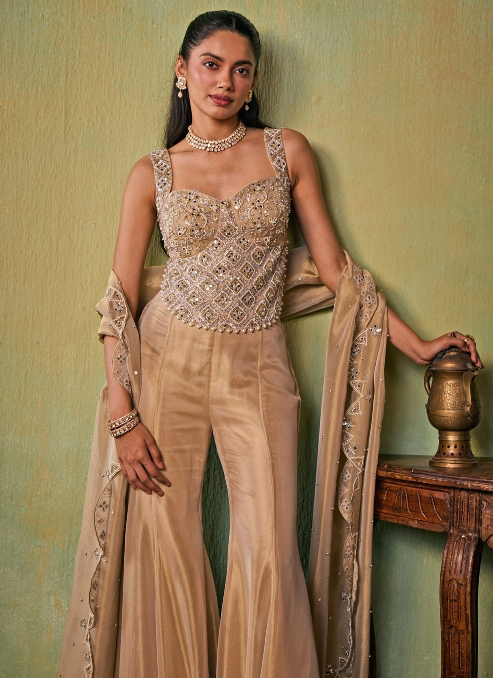 Seema Thukral Gold Tissue Flared Pants Set with CorsetFabilicious Fashion