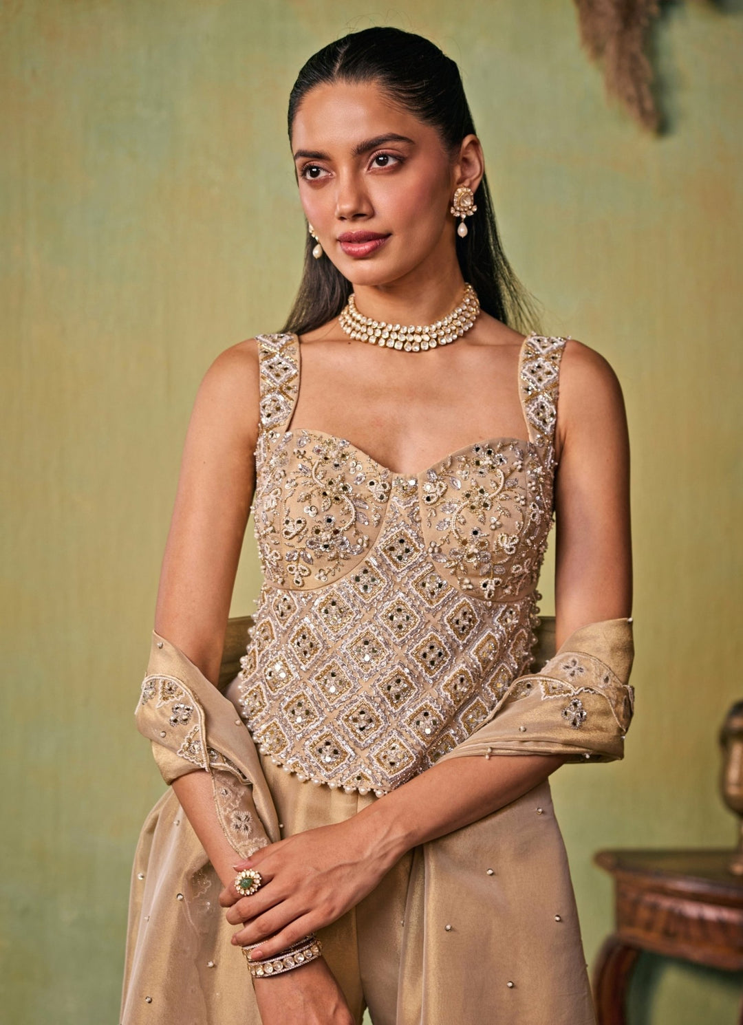 Seema Thukral Gold Tissue Flared Pants Set with CorsetFabilicious Fashion